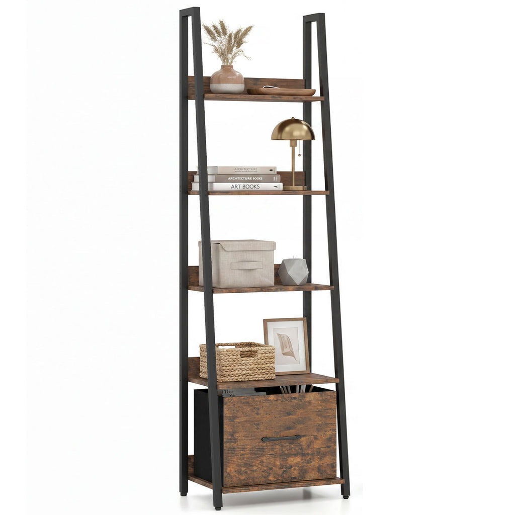 5-Tier Ladder Bookshelf with Fabric Drawer for Living Room and Home Office-Rustic Brown