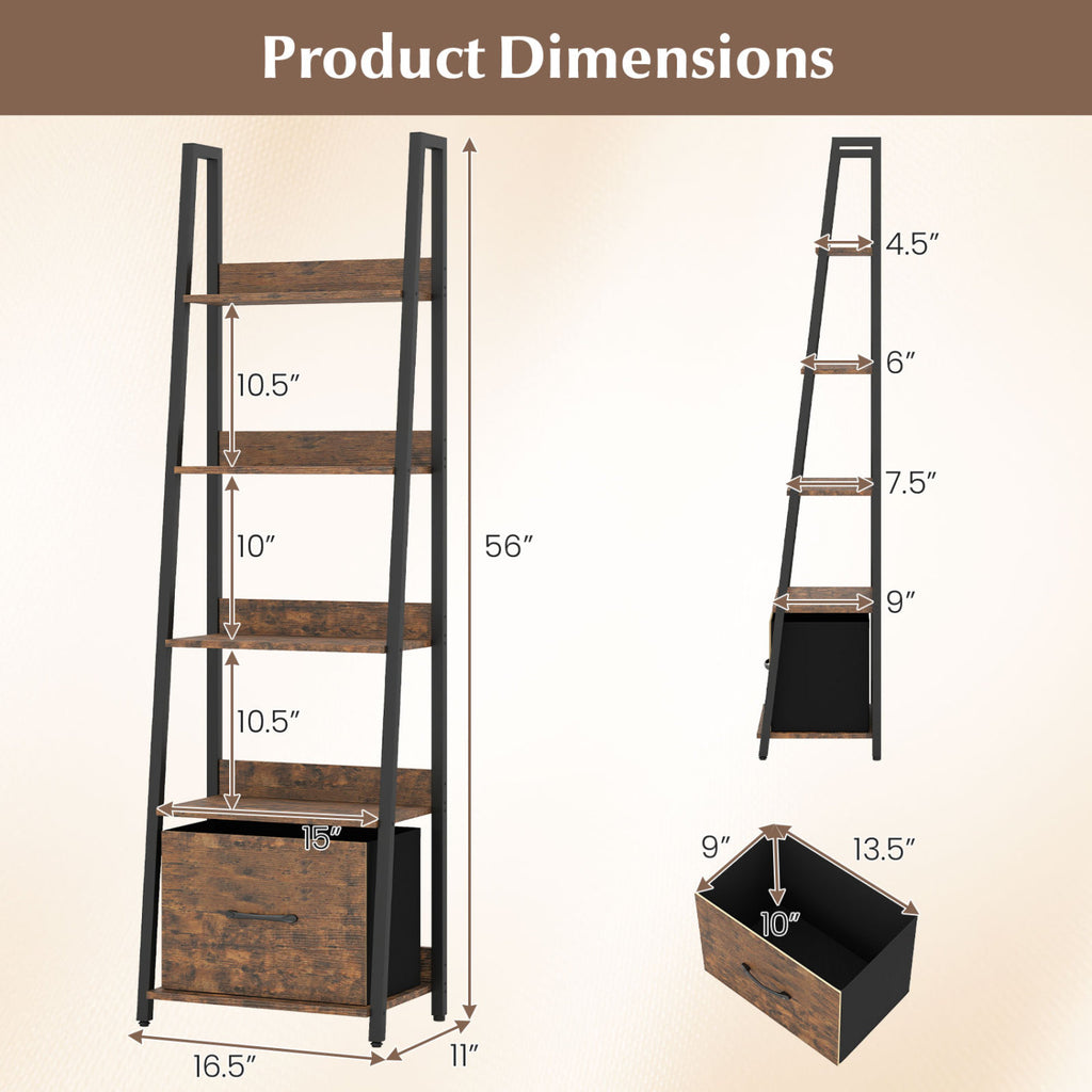 5-Tier Ladder Bookshelf with Fabric Drawer for Living Room and Home Office-Rustic Brown