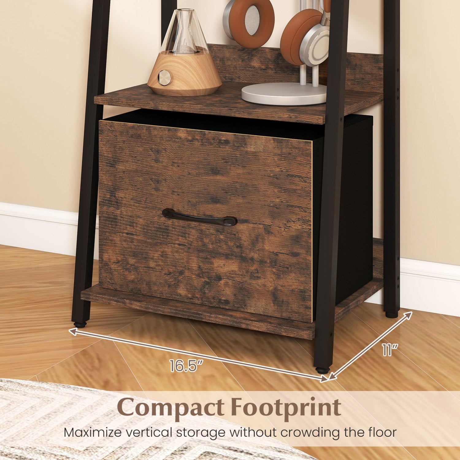 5-Tier Ladder Bookshelf with Fabric Drawer for Living Room and Home Office-Rustic Brown