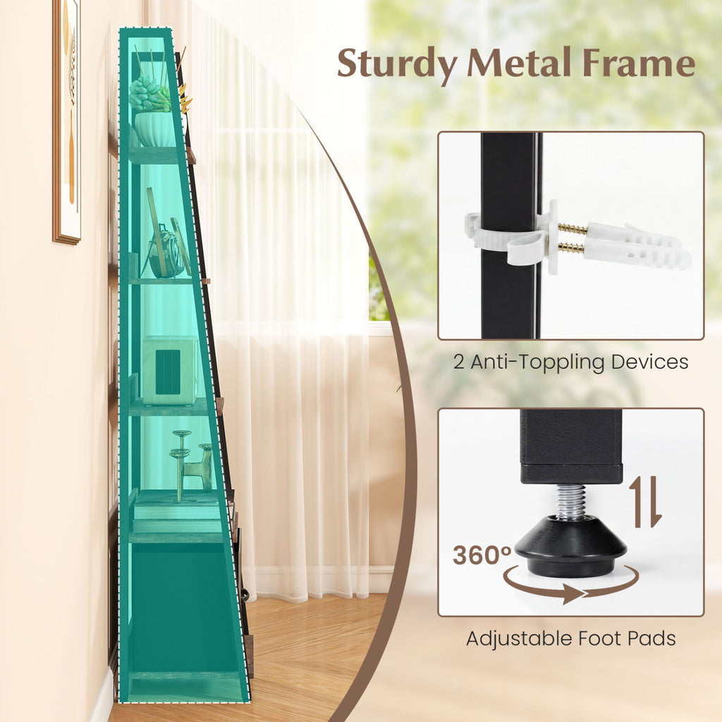 5-Tier Ladder Bookshelf with Fabric Drawer for Living Room and Home Office-Rustic Brown