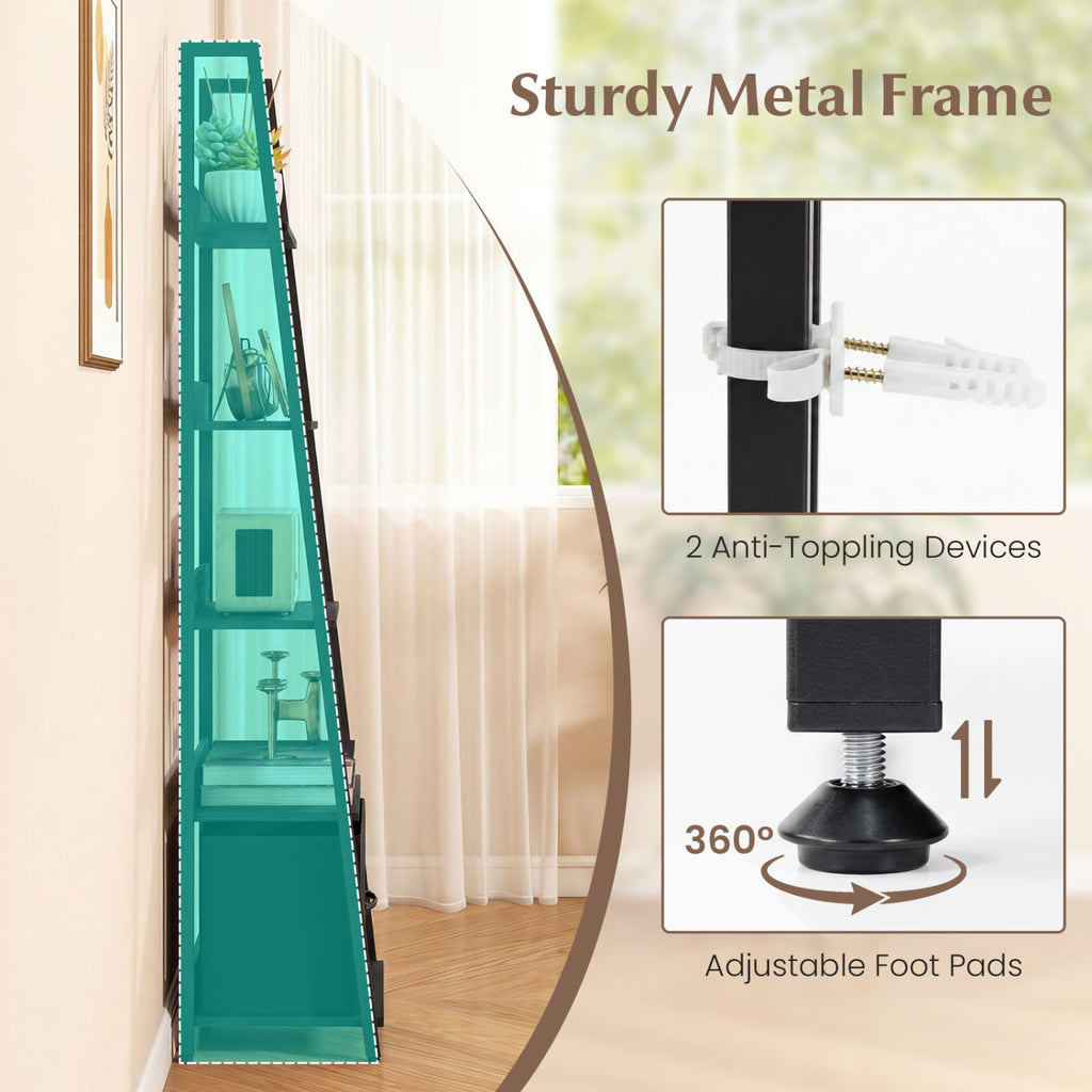 5-Tier Ladder Bookshelf with Fabric Drawer for Living Room and Home Office-Black