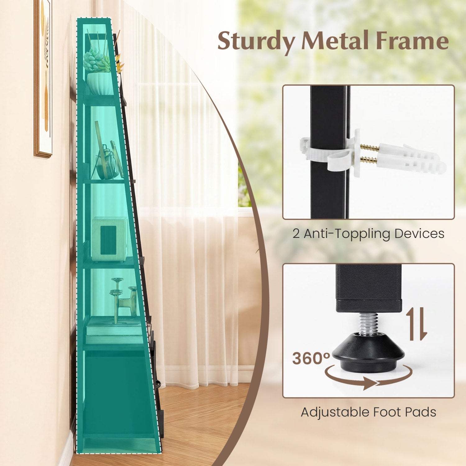 5-Tier Ladder Bookshelf with Fabric Drawer for Living Room and Home Office-Black