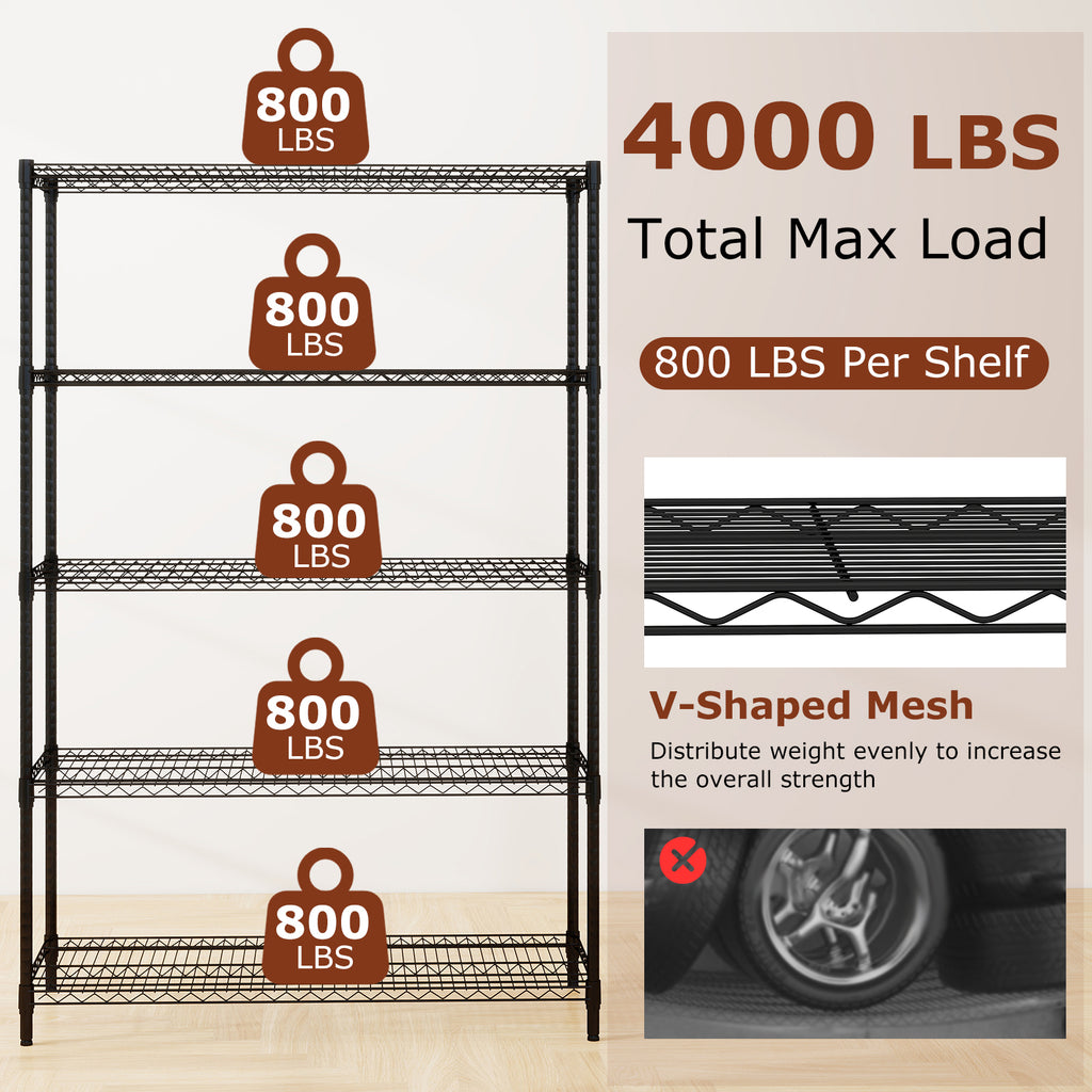 5-Tier Metal Storage Shelving Unit Set of 2 Adjustable Utility Shelf with V-Shaped Wire Rack-Black