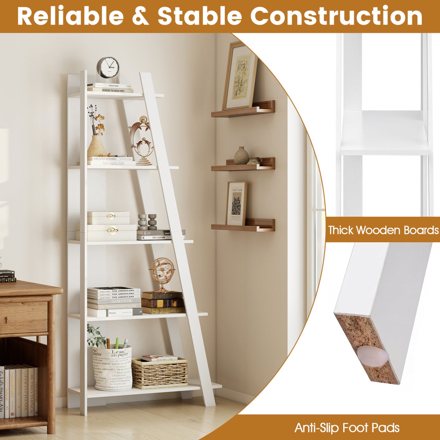 5-Tier Modern Bookshelf Narrow Vertical Display Shelf for Small Space-White