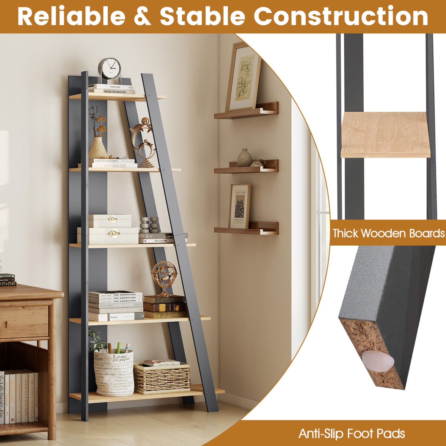 5-Tier Modern Bookshelf Narrow Vertical Display Shelf for Small Space-Gray