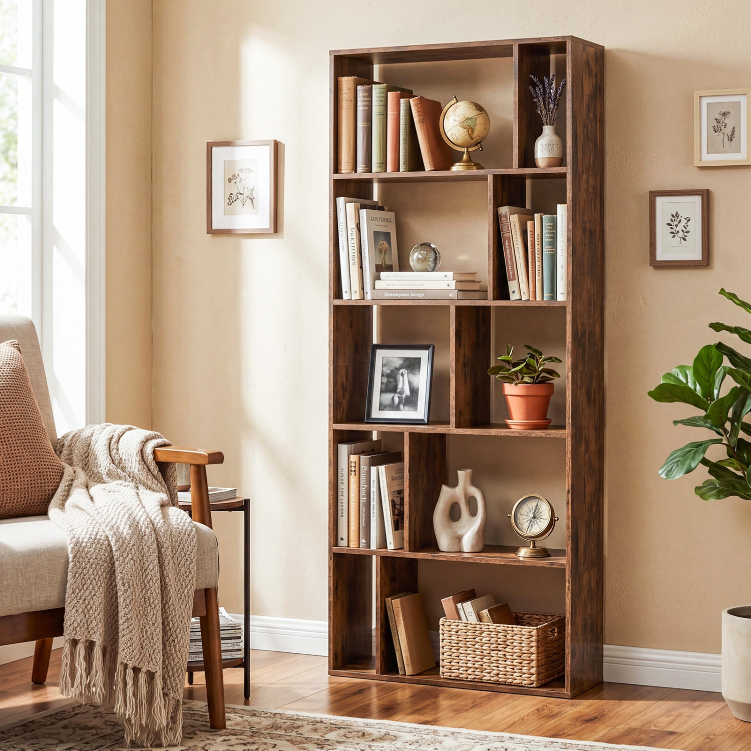 5-Tier Modern Bookshelf with Open Back and 2 Anti-Tipping Kits-Brown