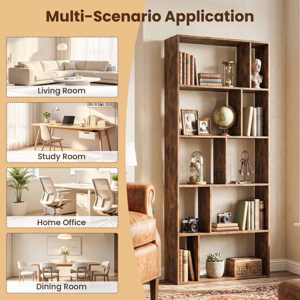5-Tier Modern Bookshelf with Open Back and 2 Anti-Tipping Kits-Brown