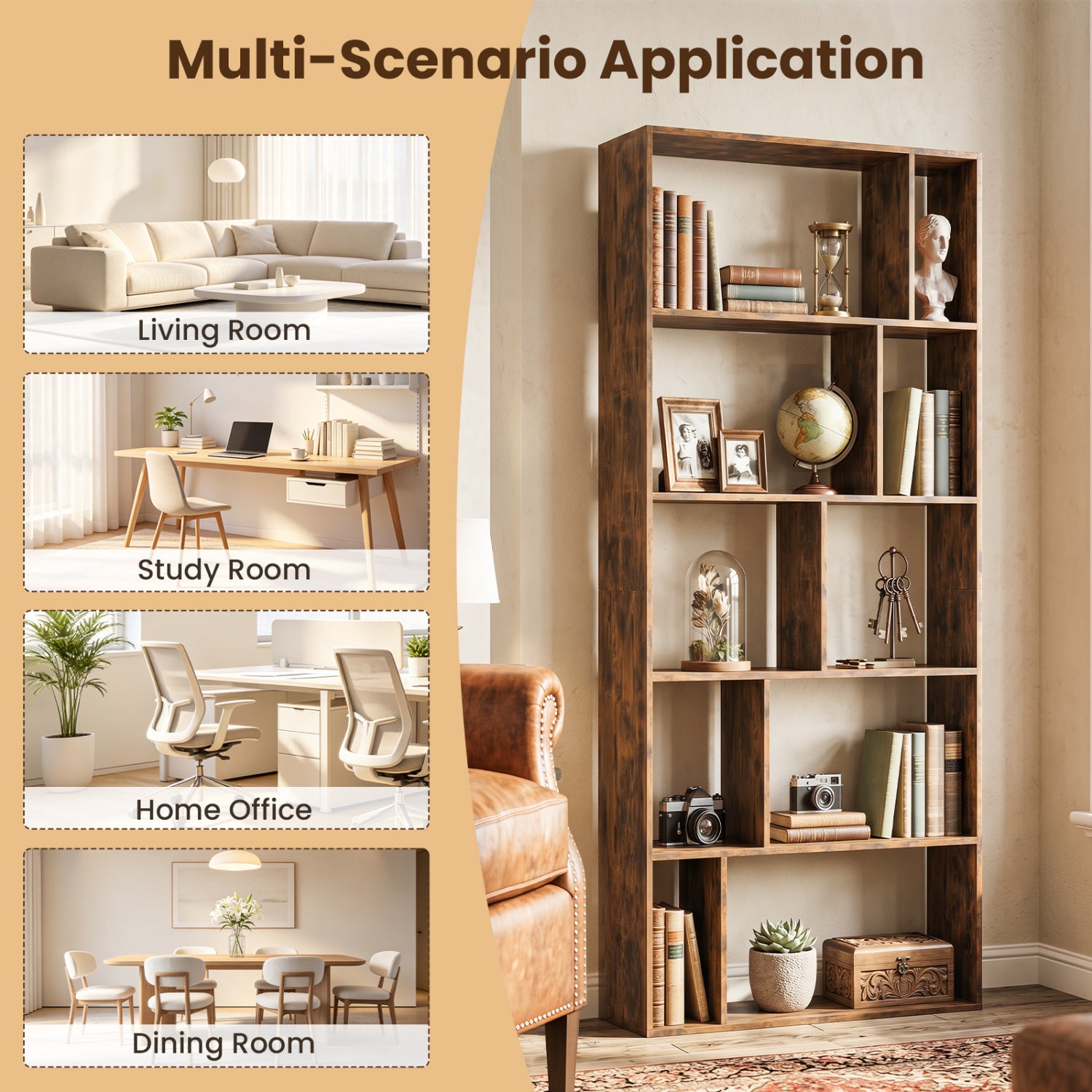 5-Tier Modern Bookshelf with Open Back and 2 Anti-Tipping Kits-Brown