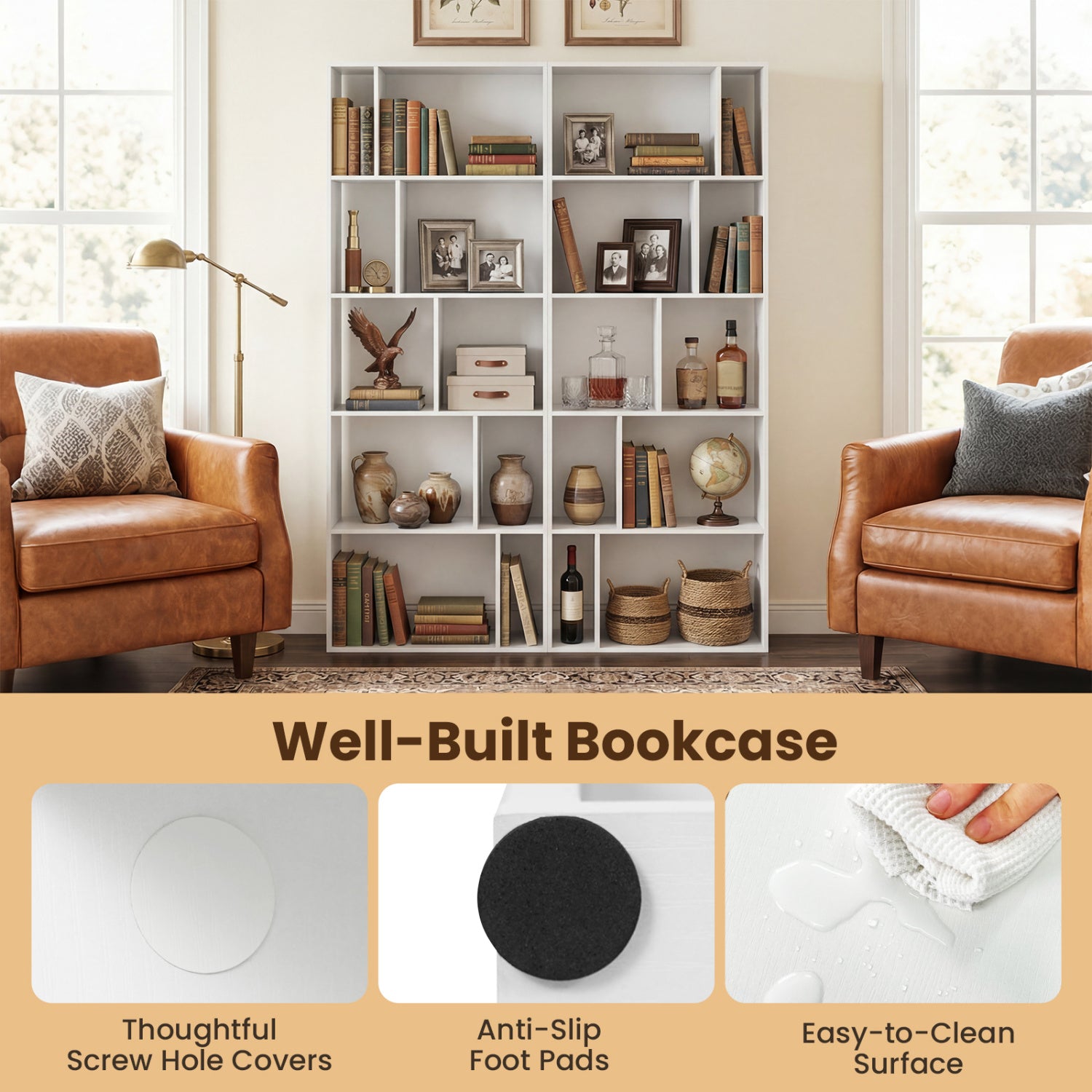 5-Tier Modern Bookshelf with Open Back and 2 Anti-Tipping Kits-White
