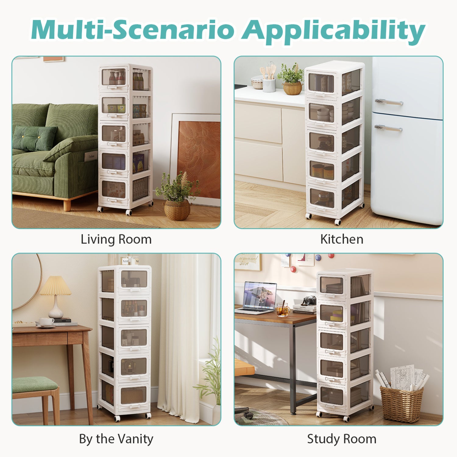 5-Tier Plastic Drawer Storage Organizer Rolling Cart with 3/4/5 Drawers and Lockable Wheels