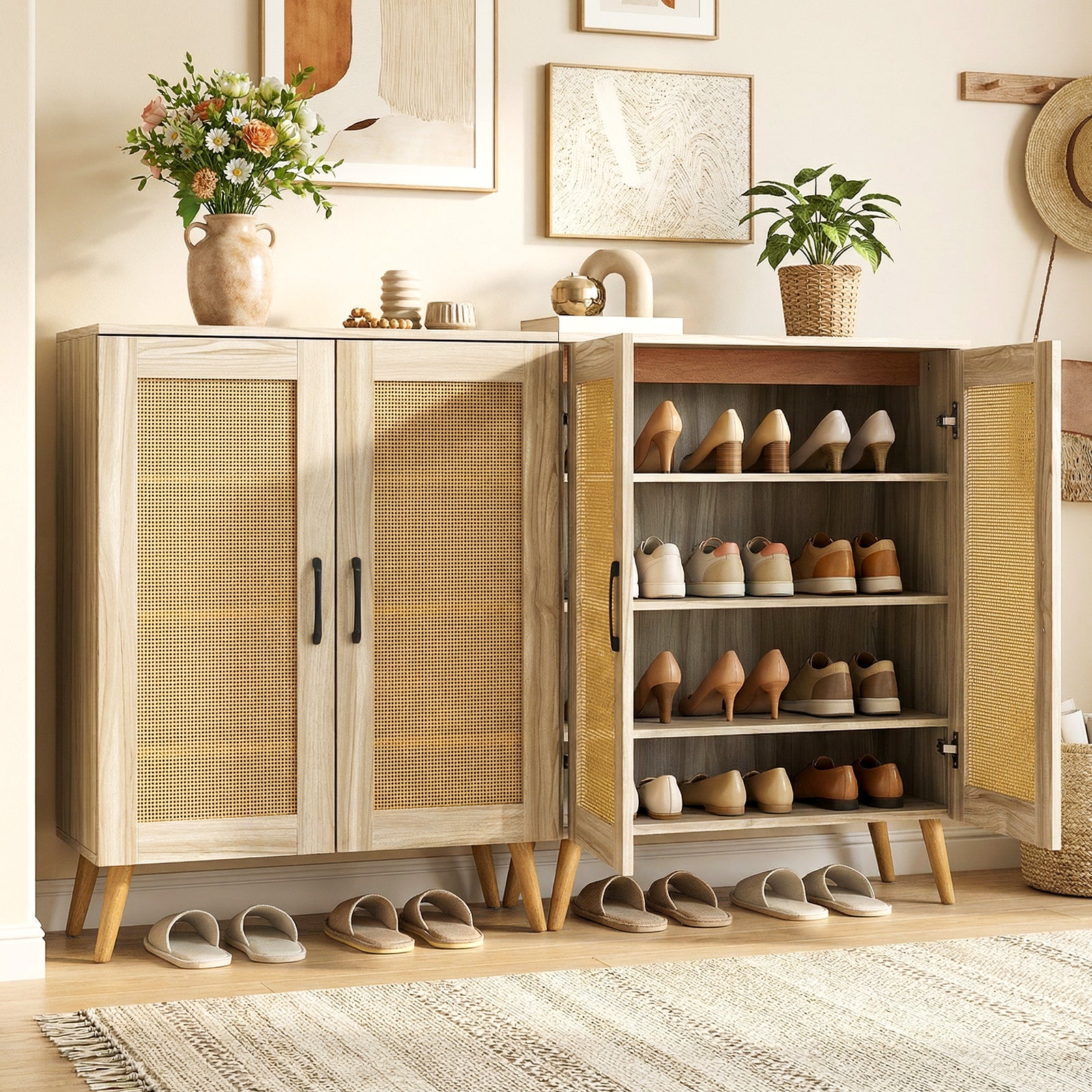 5-Tier Rattan Shoe Cabinet with 3 Removable Shelves-Natural
