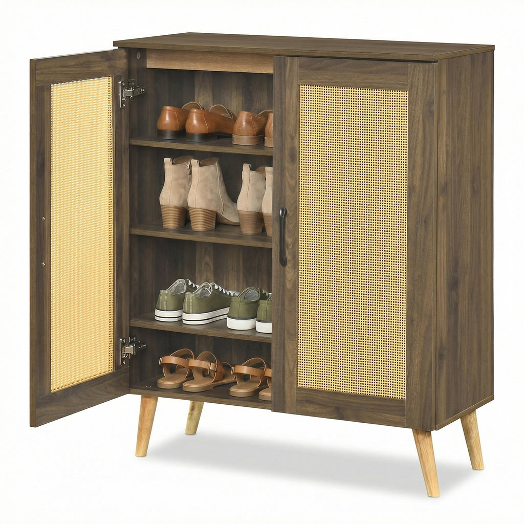 5-Tier Rattan Shoe Cabinet with 3 Removable Shelves-Walnut