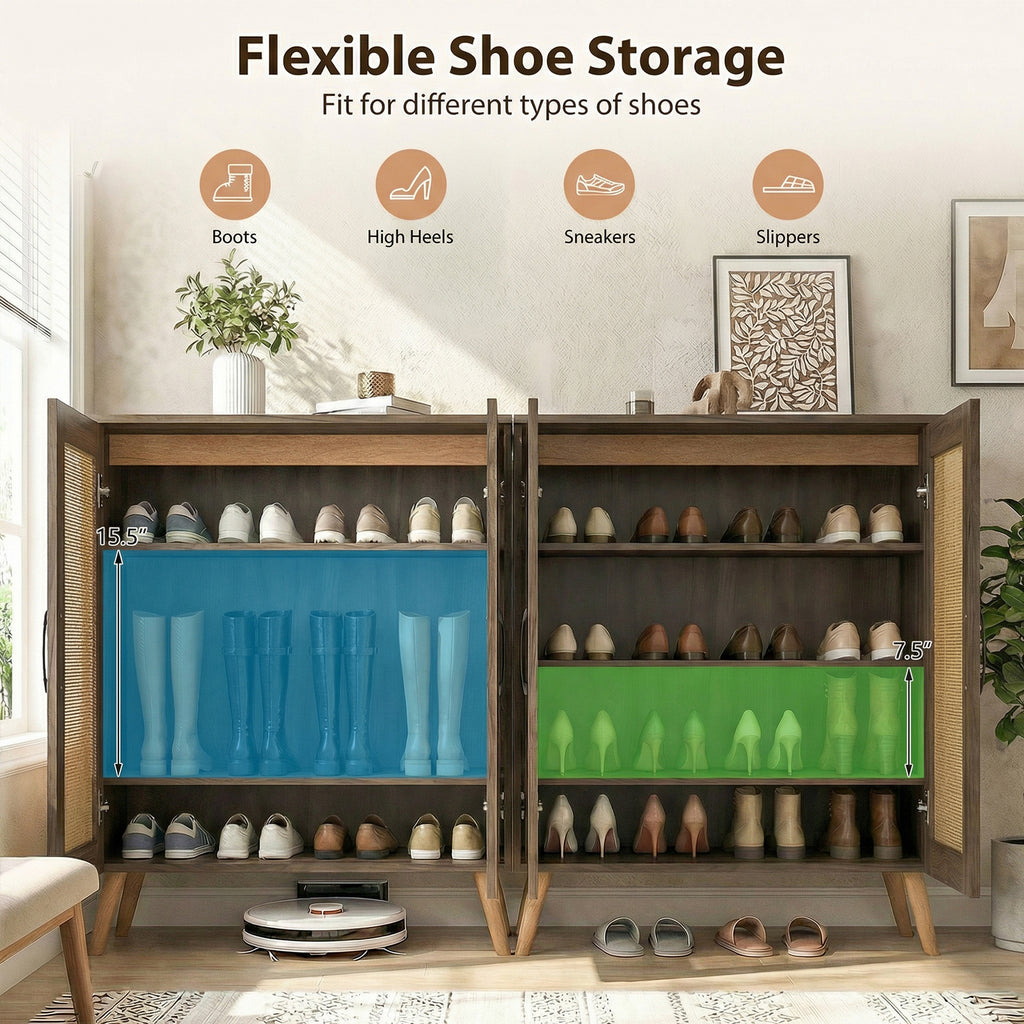 5-Tier Rattan Shoe Cabinet with 3 Removable Shelves-Walnut
