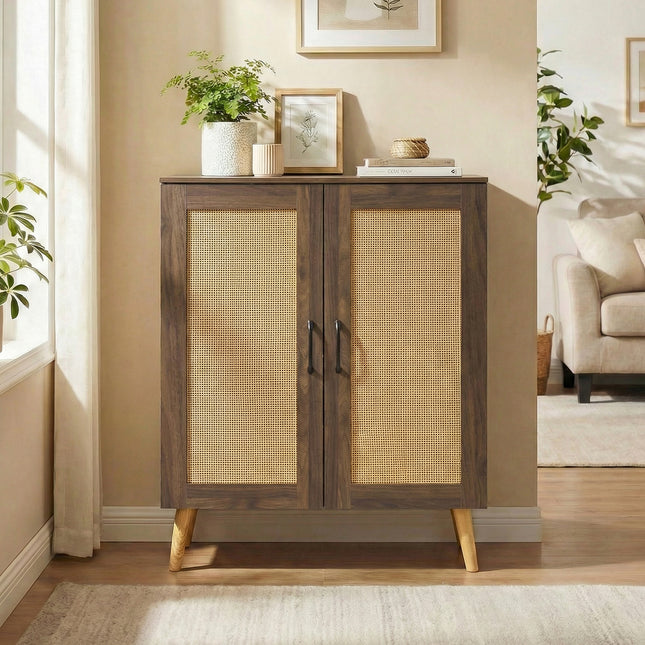 5-Tier Rattan Shoe Cabinewith 3 Removable Shelves-Walnut