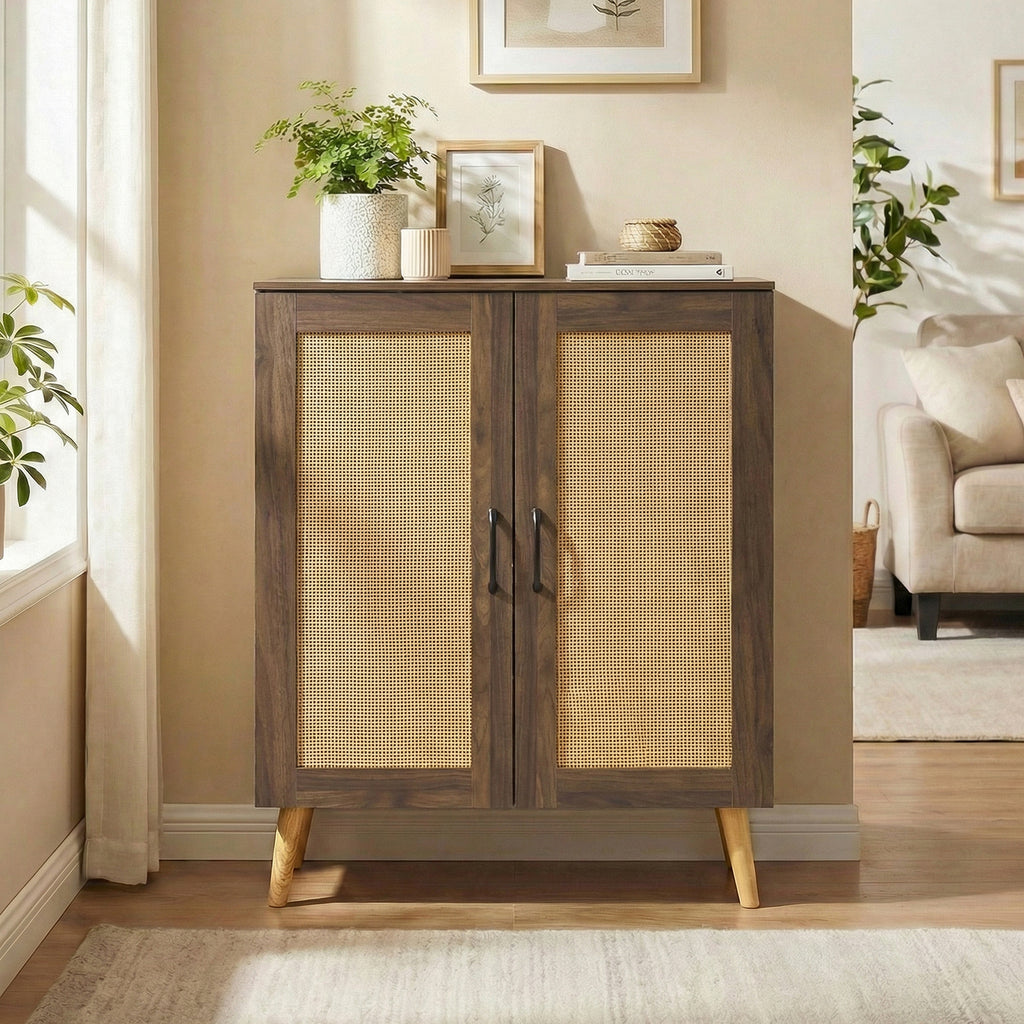 5-Tier Rattan Shoe Cabinet with 3 Removable Shelves-Walnut