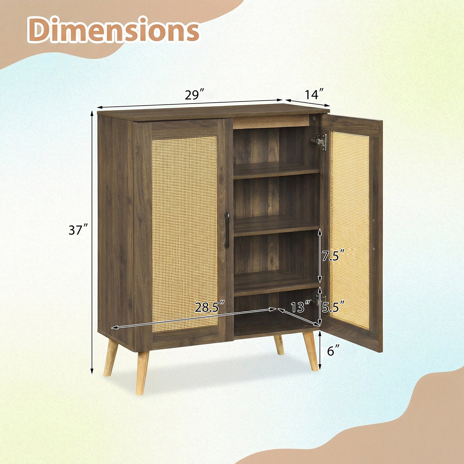5-Tier Rattan Shoe Cabinet with 3 Removable Shelves-Walnut