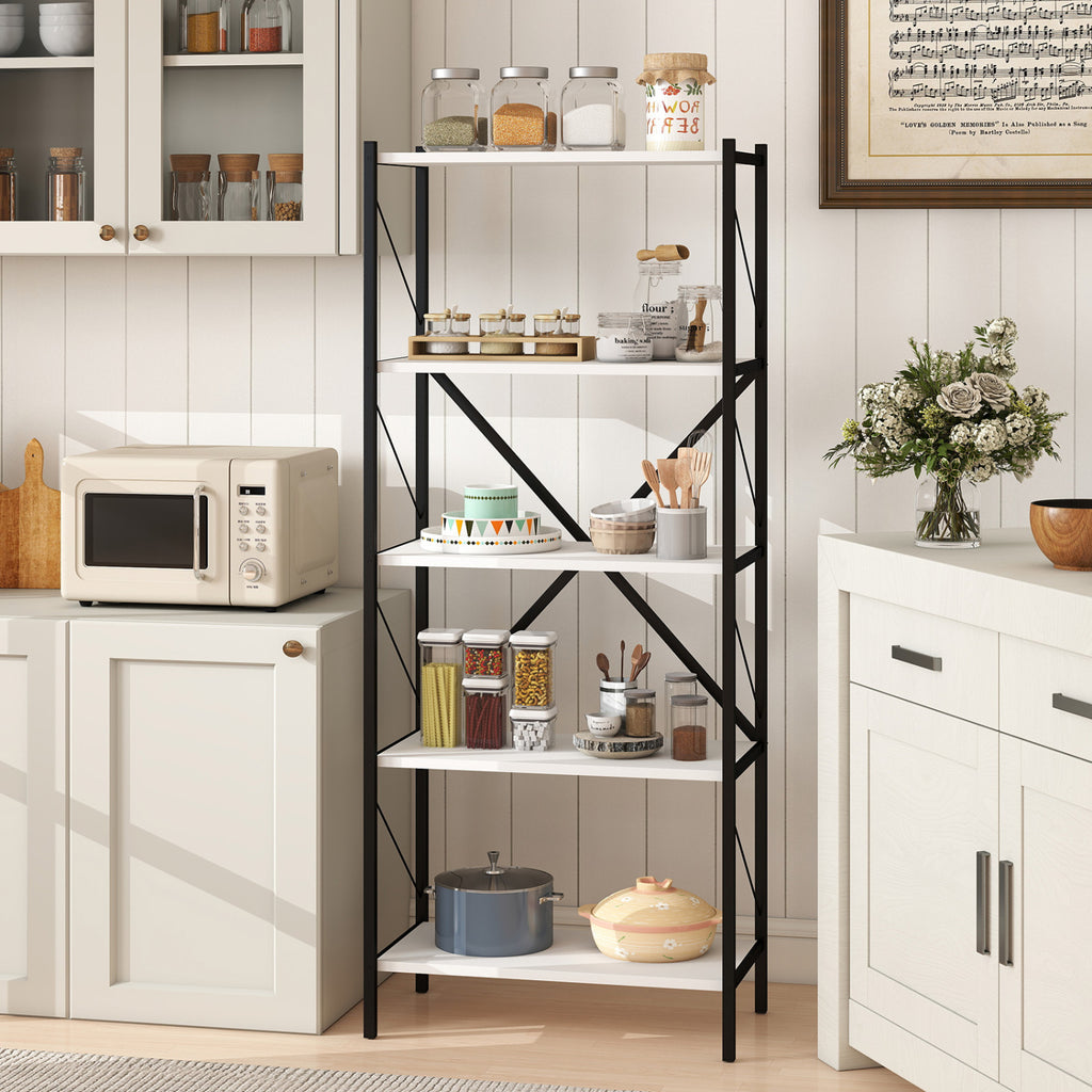 5-Tier Tall Bookshelf Industrial Bookcase with Heavy-Duty Metal Frame Modern Storage-White