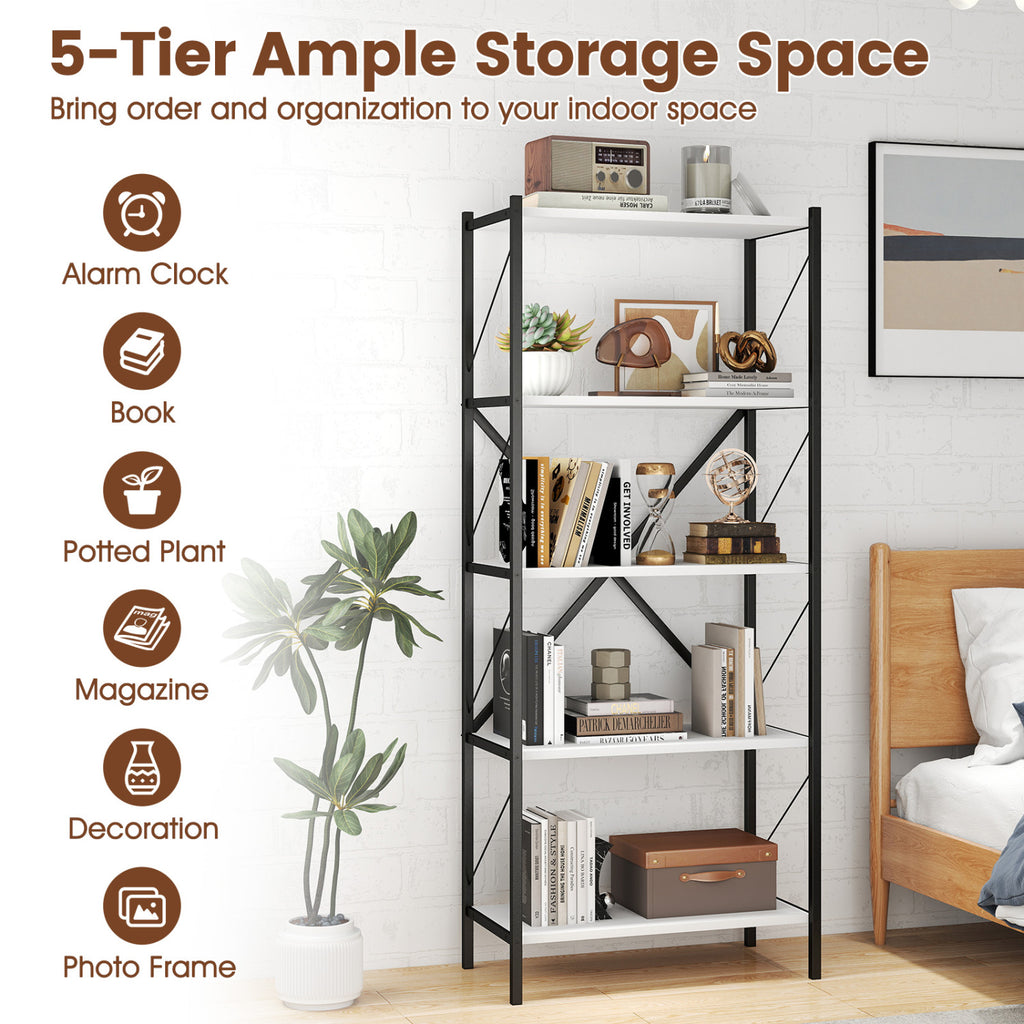 5-Tier Tall Bookshelf Industrial Bookcase with Heavy-Duty Metal Frame Modern Storage-White
