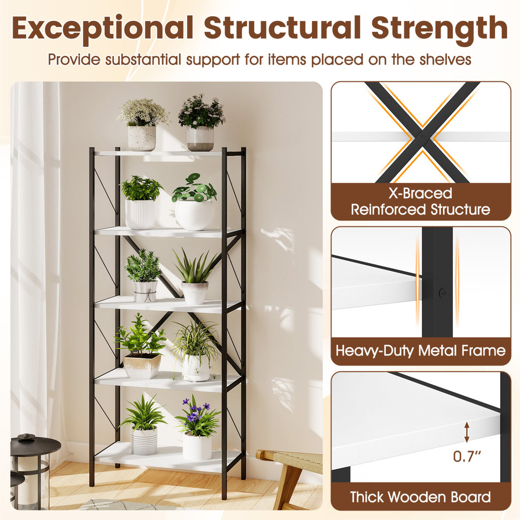 5-Tier Tall Bookshelf Industrial Bookcase with Heavy-Duty Metal Frame Modern Storage-White