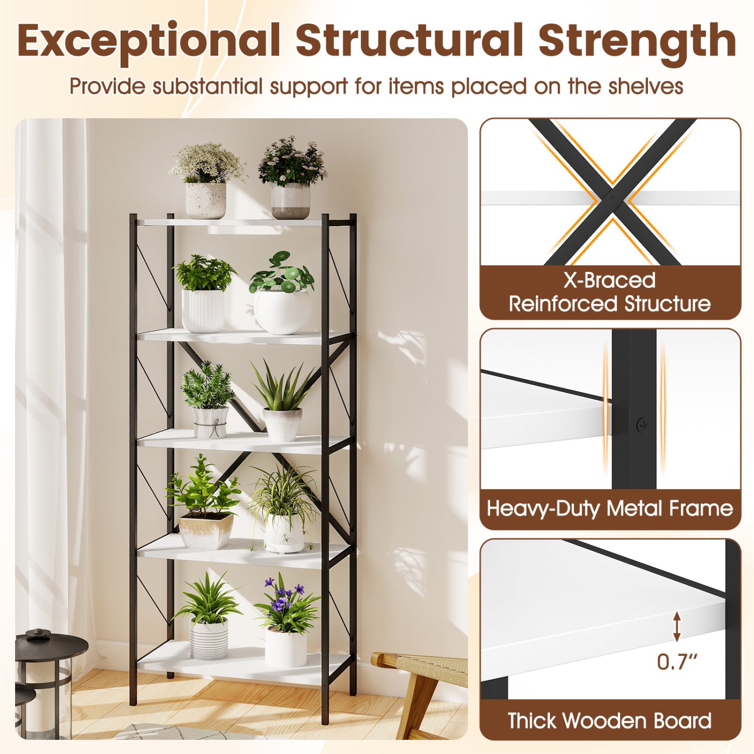5-Tier Tall Bookshelf Industrial Bookcase with Heavy-Duty Metal Frame Modern Storage-White