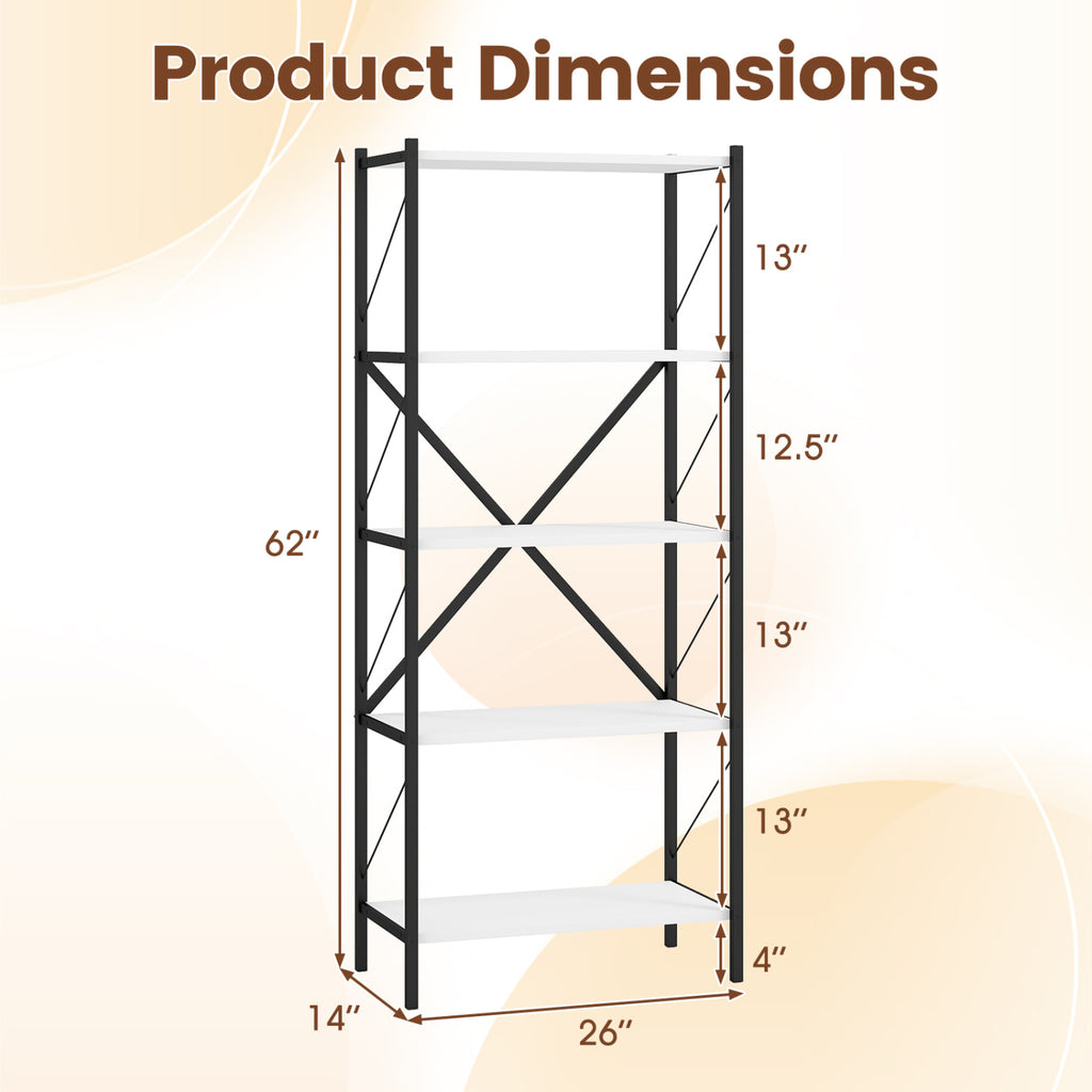 5-Tier Tall Bookshelf Industrial Bookcase with Heavy-Duty Metal Frame Modern Storage-White
