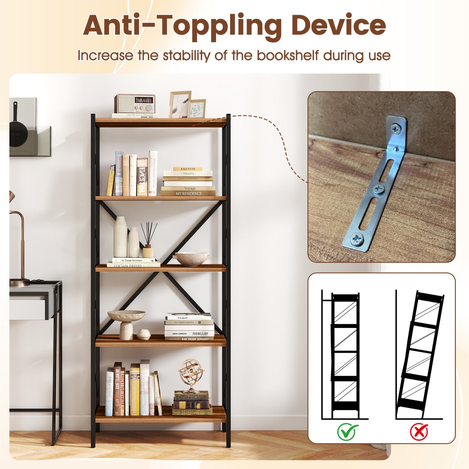5-Tier Tall Bookshelf Industrial Bookcase with Heavy-Duty Metal Frame Modern Storage-Walnut