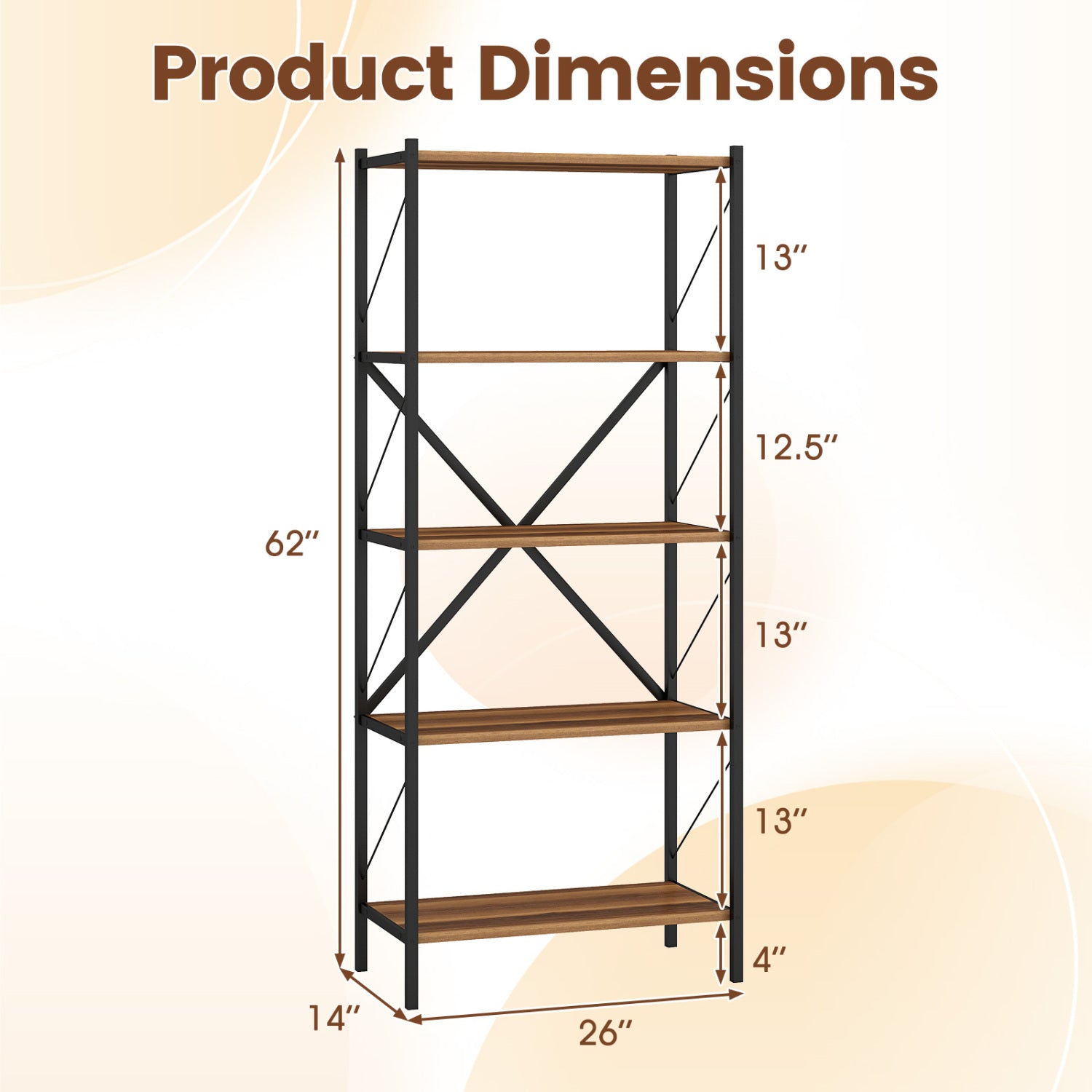 5-Tier Tall Bookshelf Industrial Bookcase with Heavy-Duty Metal Frame Modern Storage-Walnut