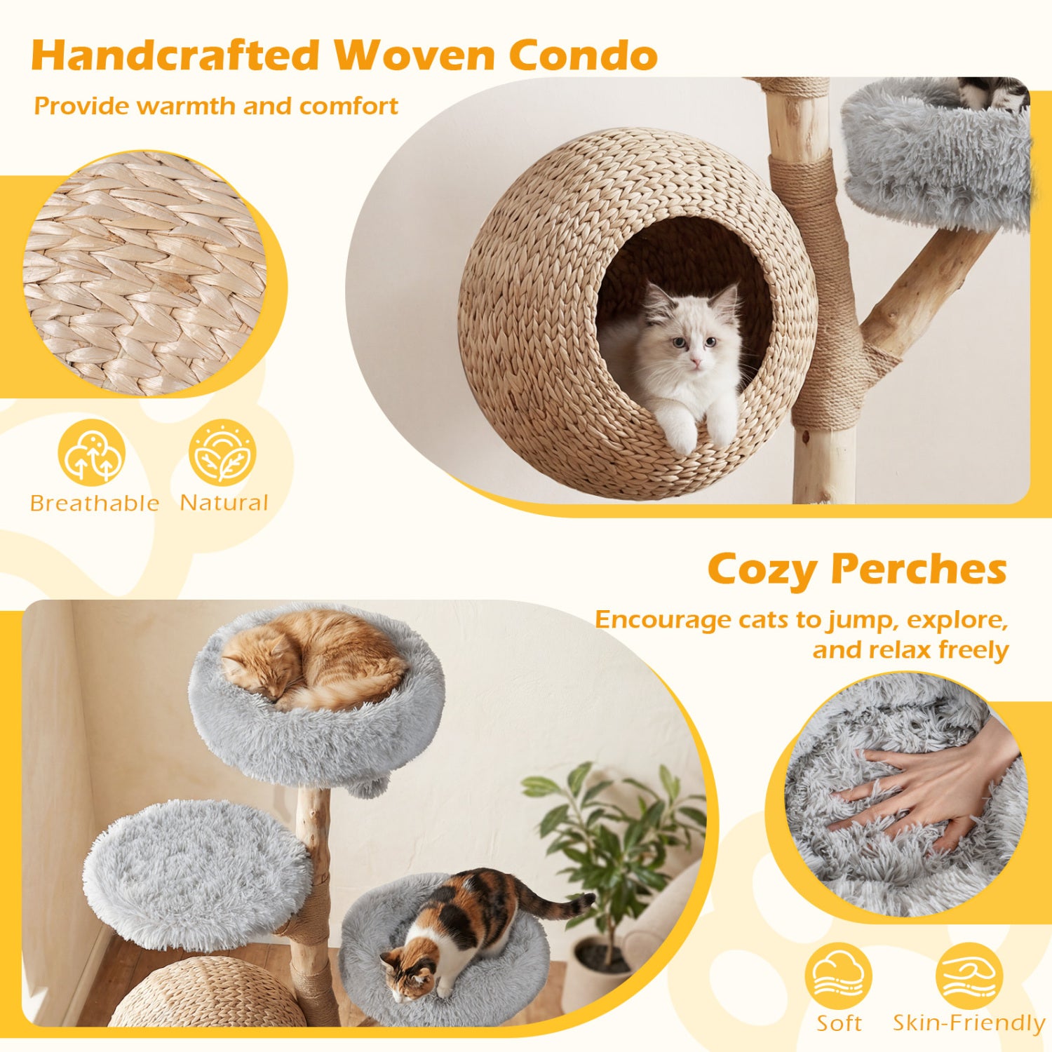 5-Tier Wooden Cat Tree with Woven Condo Plush Perches Jute Posts & Balls-Gray
