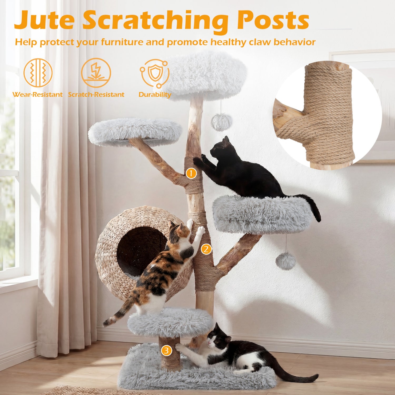 5-Tier Wooden Cat Tree with Woven Condo Plush Perches Jute Posts & Balls-Gray