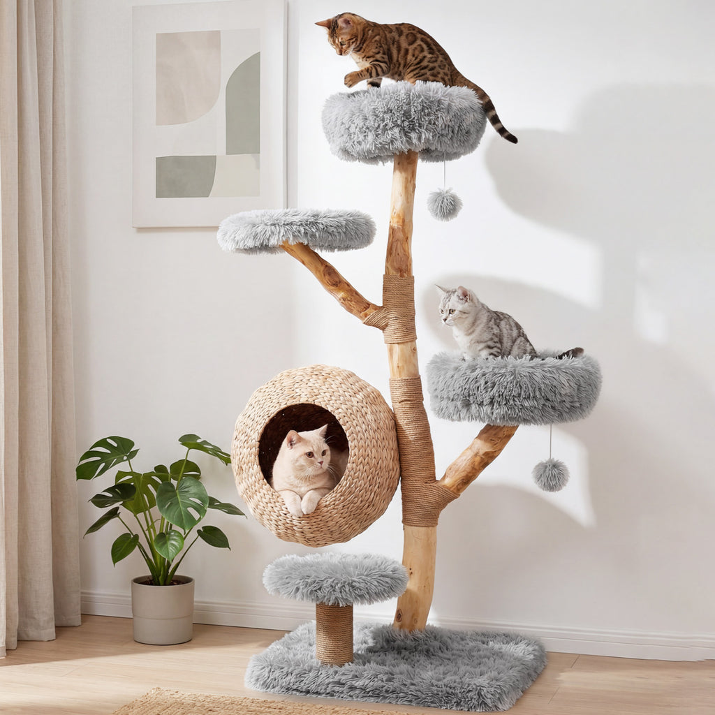5-Tier Wooden Cat Tree with Woven Condo Plush Perches Jute Posts & Balls-Gray