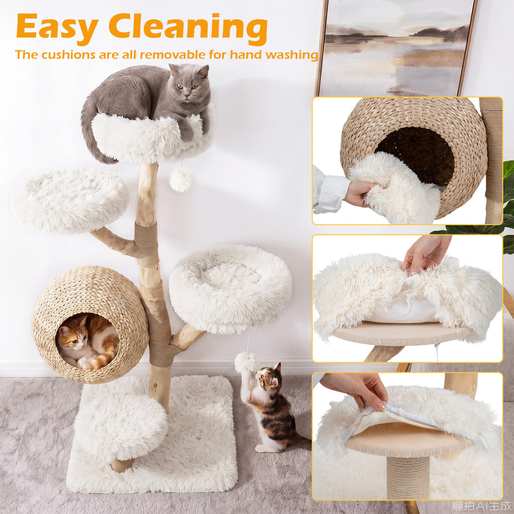 5-Tier Wooden Cat Tree with Woven Condo Plush Perches Jute Posts & Balls-White