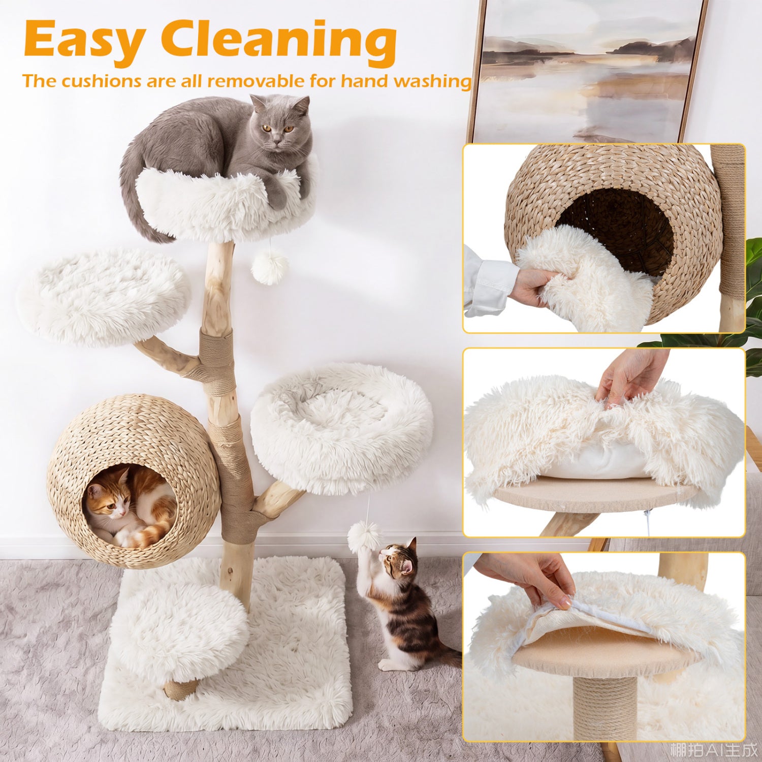 5-Tier Wooden Cat Tree with Woven Condo Plush Perches Jute Posts & Balls-White