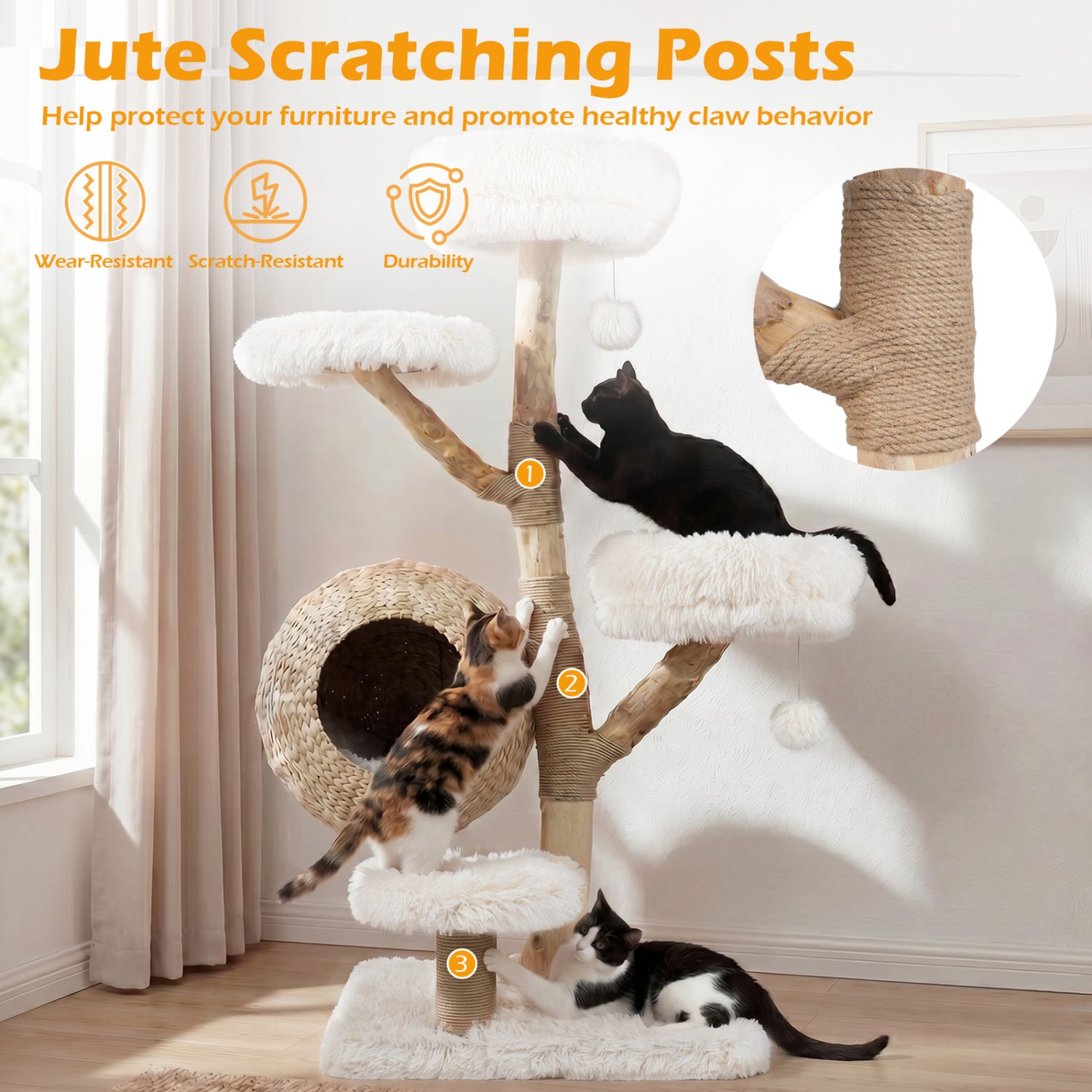 5-Tier Wooden Cat Tree with Woven Condo Plush Perches Jute Posts & Balls-White