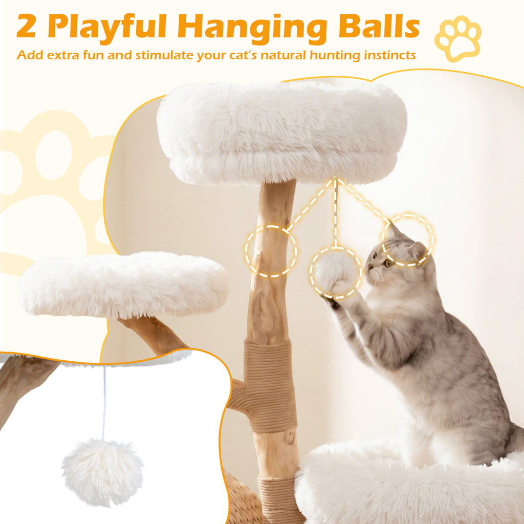 5-Tier Wooden Cat Tree with Woven Condo Plush Perches Jute Posts & Balls-White