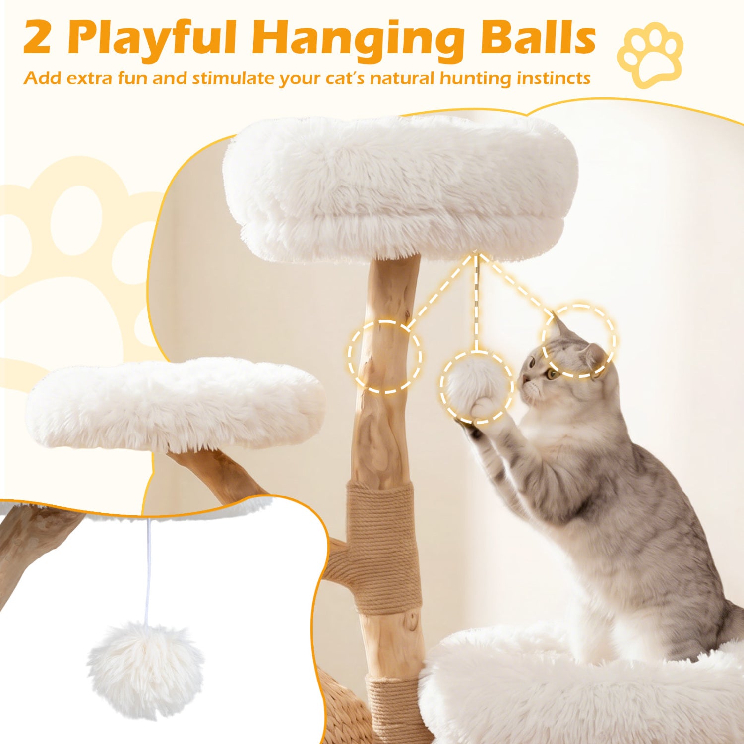 5-Tier Wooden Cat Tree with Woven Condo Plush Perches Jute Posts & Balls-White