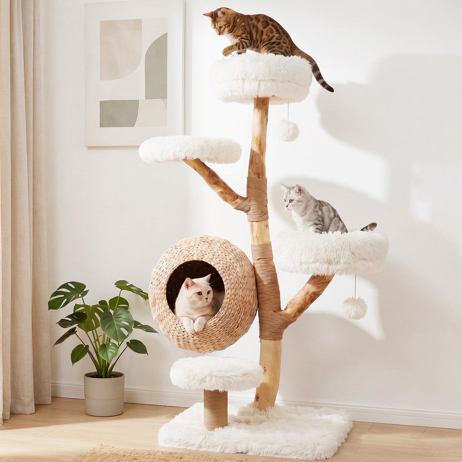 5-Tier Wooden Cat Tree with Woven Condo Plush Perches Jute Posts & Balls-White