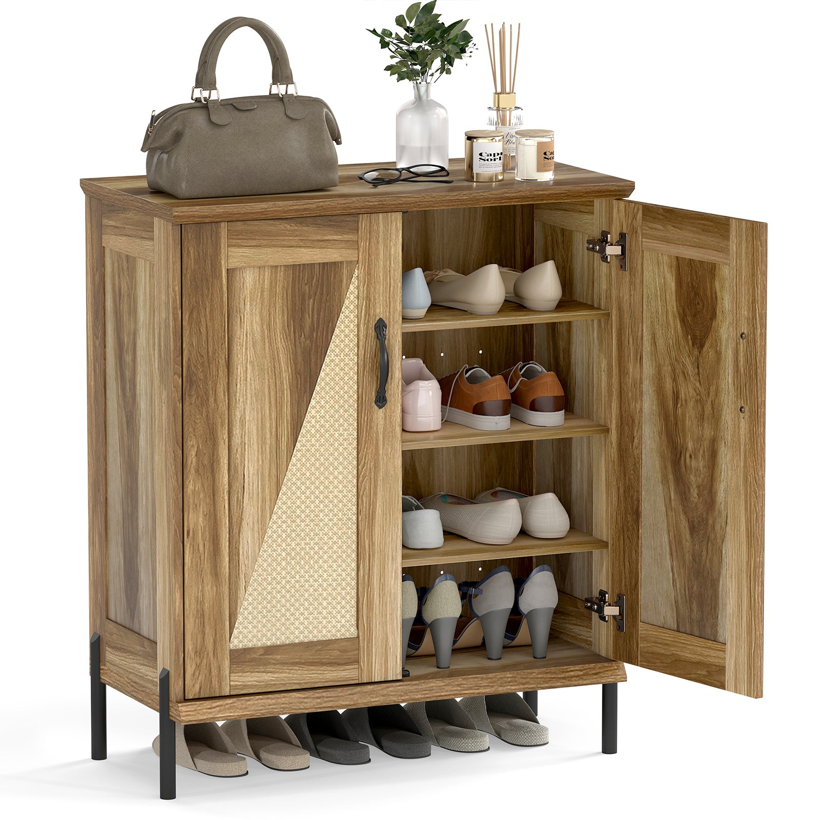 5-Tier Wooden Farmhouse Shoe Cabinet with Woven Rattan Doors-Natural