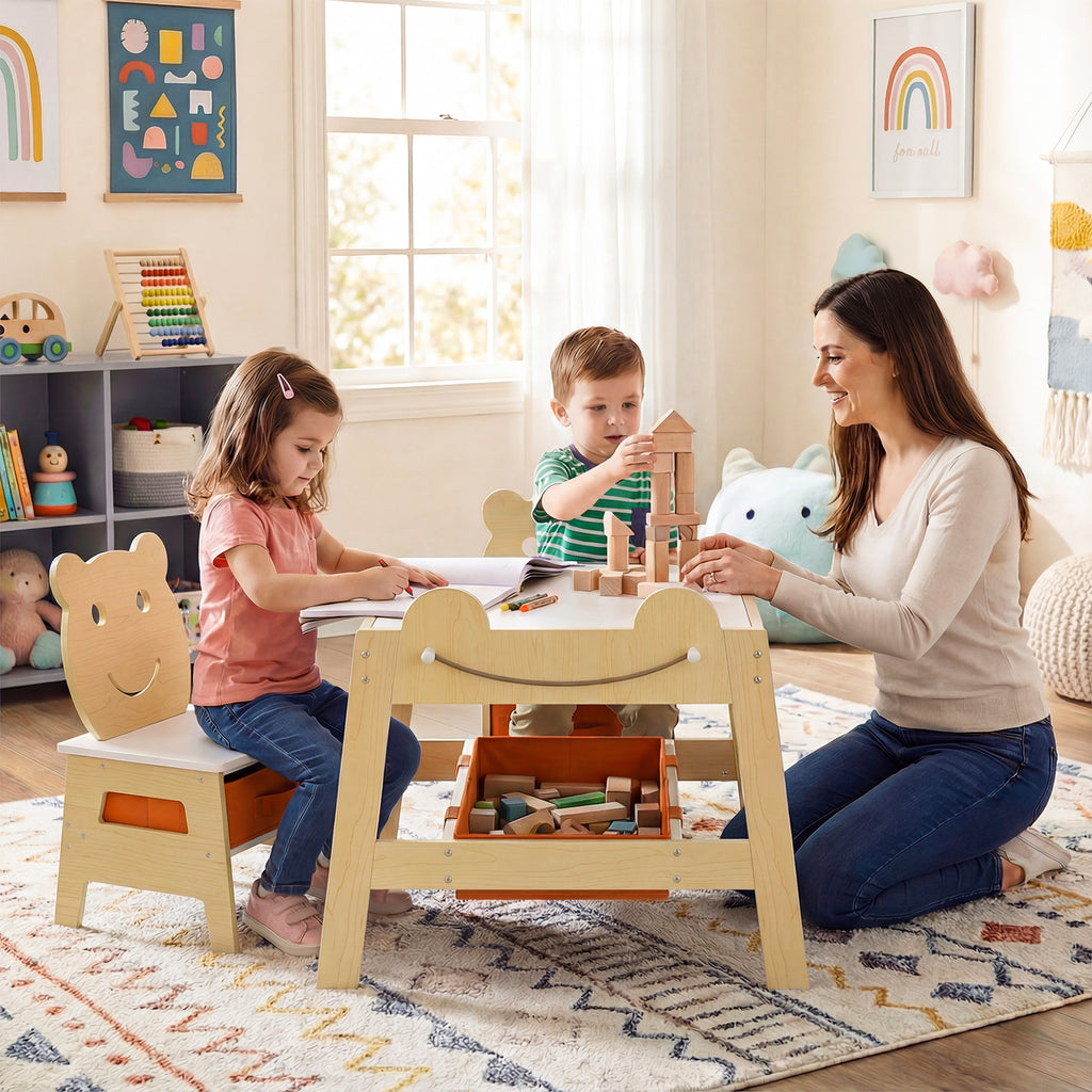 5-in-1 Toddler Table and 2 Chairs Cute Art Desk Set with Reversible Chalkboard Whiteboard-Natural
