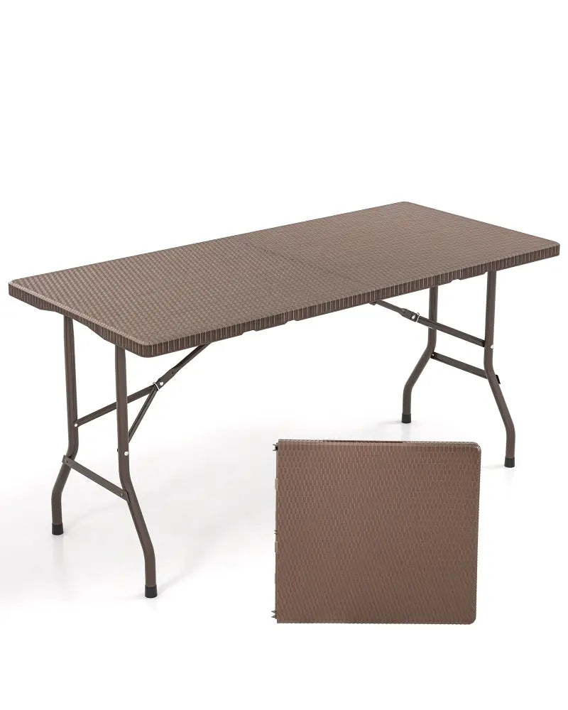 5FT Folding Picnic Table with Rattan Grain HDPE Tabletop and Sturdy Metal Fame-Coffee - Coffee - Picnic Tables