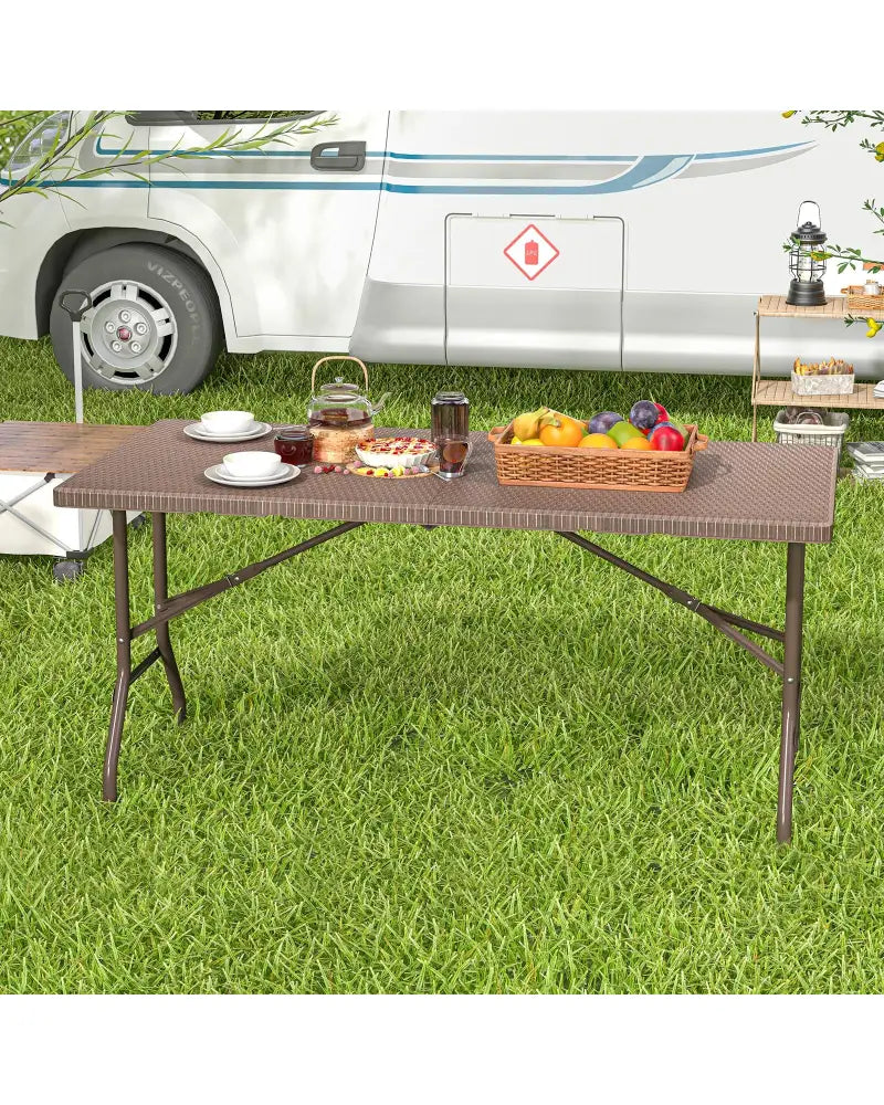 5FT Folding Picnic Table with Rattan Grain HDPE Tabletop and Sturdy Metal Fame-Coffee - Coffee - Picnic Tables