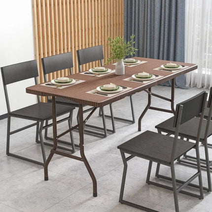 5FT Folding Picnic Table with Rattan Grain HDPE Tabletop and Sturdy Metal Fame-Coffee - Coffee - Picnic Tables
