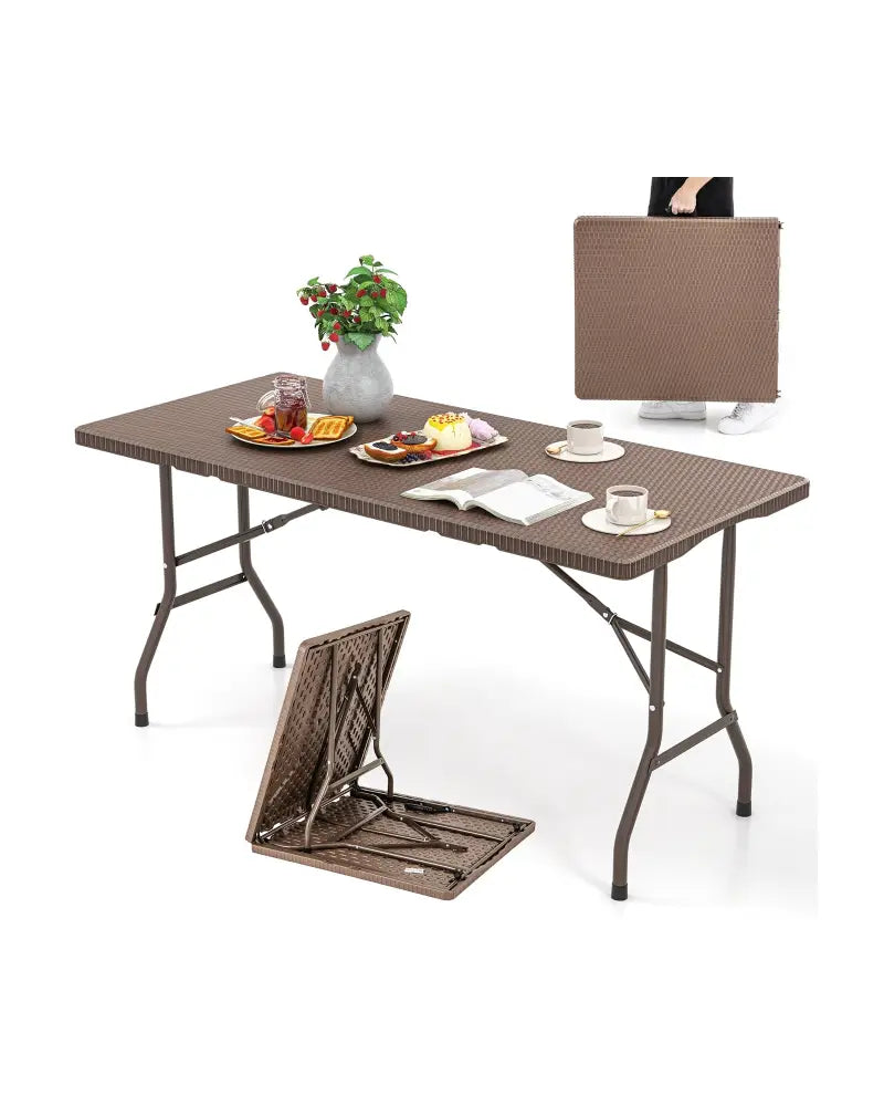 5FT Folding Picnic Table with Rattan Grain HDPE Tabletop and Sturdy Metal Fame-Coffee - Coffee - Picnic Tables