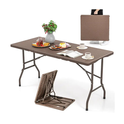5FT Folding Picnic Table with Rattan Grain HDPE Tabletop and Sturdy Metal Fame-Coffee - Coffee - Picnic Tables