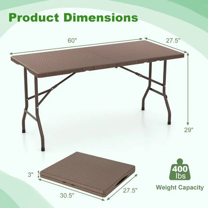 5FT Folding Picnic Table with Rattan Grain HDPE Tabletop and Sturdy Metal Fame-Coffee - Coffee - Picnic Tables