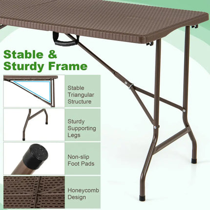5FT Folding Picnic Table with Rattan Grain HDPE Tabletop and Sturdy Metal Fame-Coffee - Coffee - Picnic Tables