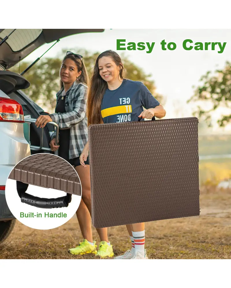 5FT Folding Picnic Table with Rattan Grain HDPE Tabletop and Sturdy Metal Fame-Coffee - Coffee - Picnic Tables