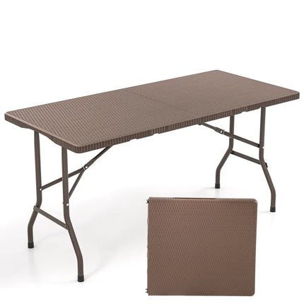 5FT Folding Picnic Table with Rattan Grain HDPE Tabletop and Sturdy Metal Fame-Coffee - Coffee - Picnic Tables