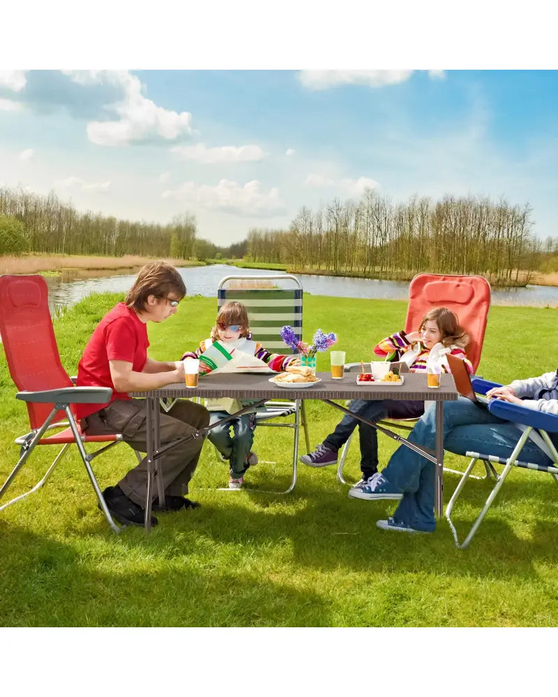 5FT Folding Picnic Table with Rattan Grain HDPE Tabletop and Sturdy Metal Fame-Coffee - Coffee - Picnic Tables