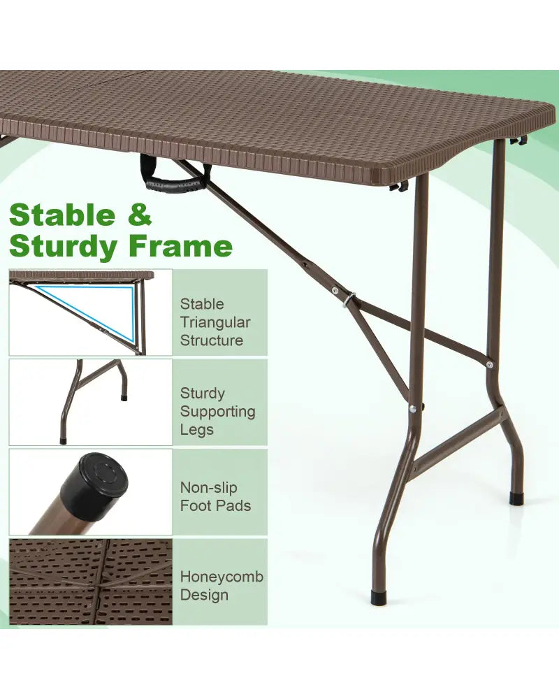 5FT Folding Picnic Table with Rattan Grain HDPE Tabletop and Sturdy Metal Fame-Coffee - Coffee - Picnic Tables