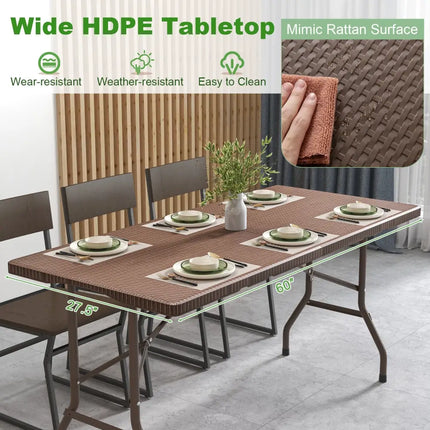 5FT Folding Picnic Table with Rattan Grain HDPE Tabletop and Sturdy Metal Fame-Coffee - Coffee - Picnic Tables